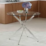 Runder Esstisch 88 cm, gehärtetes Glas, silbernes Metallgestell, s Leicht-Design - Weiß