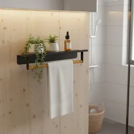 Relaxdays Handtuchstange Wand mit Ablage Schwarz/Braun