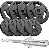Set aus Gusseisengewichten Langhantel Hop-Sport Strong 39kg mit gerader Stange