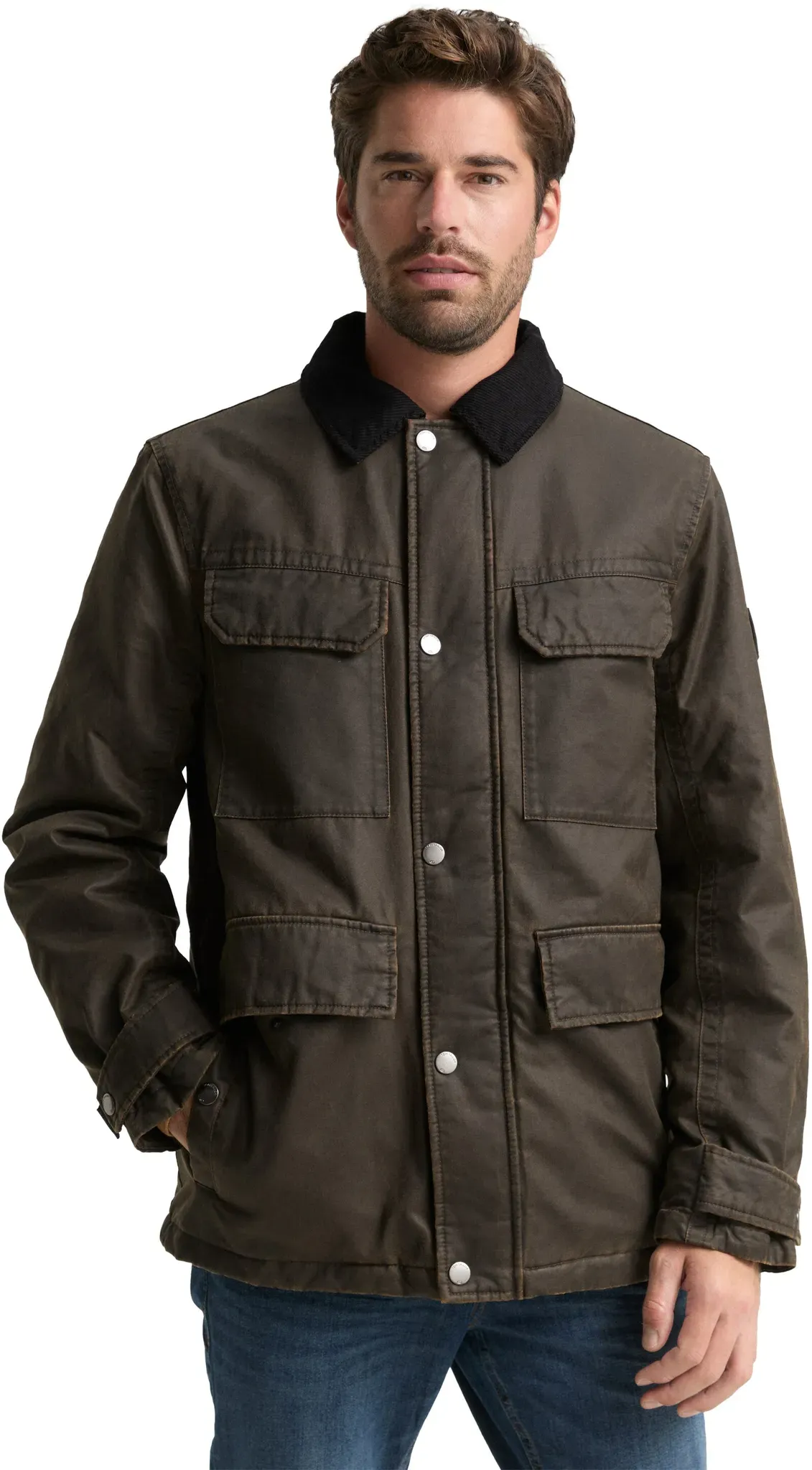 Outdoorjacke TOM TAILOR, Herren, Gr. M, schwarz braun melange, Web, Obermaterial: 60% Baumwolle, 40% Polyester. Futter: 100% Polyester, meliert, regular fit Po-bedeckend, Manschette, Jacken Outdoorjacke, mit verstellbarer Taille