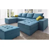 Wohnlandschaft COLLECTION AB "XL-Josy U-Form, Breite 313 cm, Flachgewebe, Struktur, Kunstleder", blau, B:313cm H:84cm T:161cm, 100% Polyester, Sofas, inkl. Bettfunktion, Bettkasten, mit 4 gleich großen Rückenkissen, Topseller