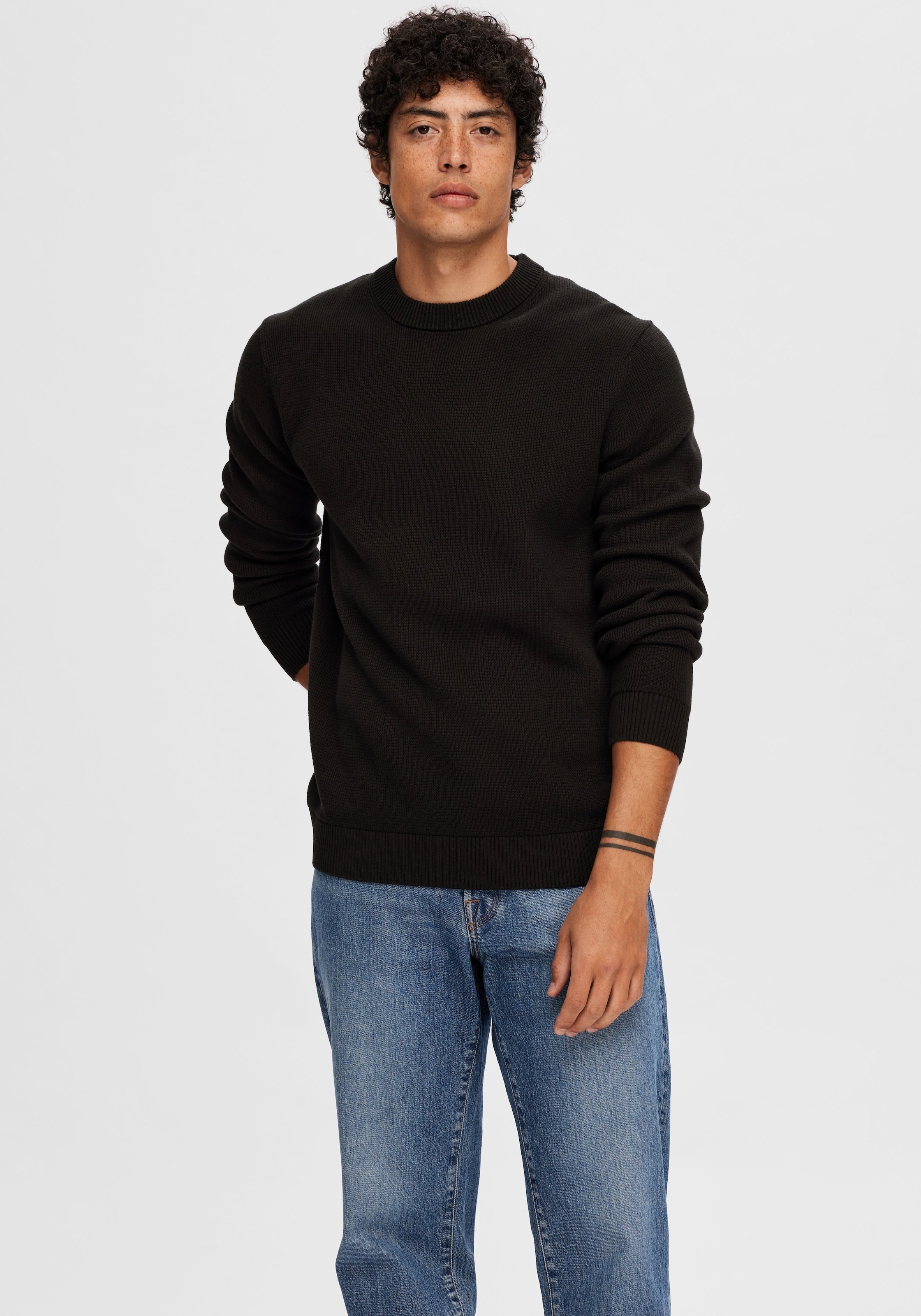 Rundhalspullover »SLHDANE LS KNIT STRUCTURE CREW NECK NOOS«, Gr. L, Black, , 87997057-L