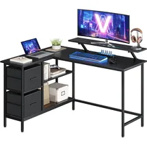 VASAGLE L-förmiger Schreibtisch, 2 geräumige Schubladen, Computertisch mit Monitorständer, Eckschreibtisch, Gaming-Tisch mit Verstellbarer Ablage 135 x 105 cm ebenholzschwarz LWD098B56