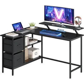 VASAGLE L-förmiger Schreibtisch, 2 geräumige Schubladen, Computertisch mit Monitorständer, Eckschreibtisch, Gaming-Tisch mit Verstellbarer Ablage 135 x 105 cm ebenholzschwarz LWD098B56