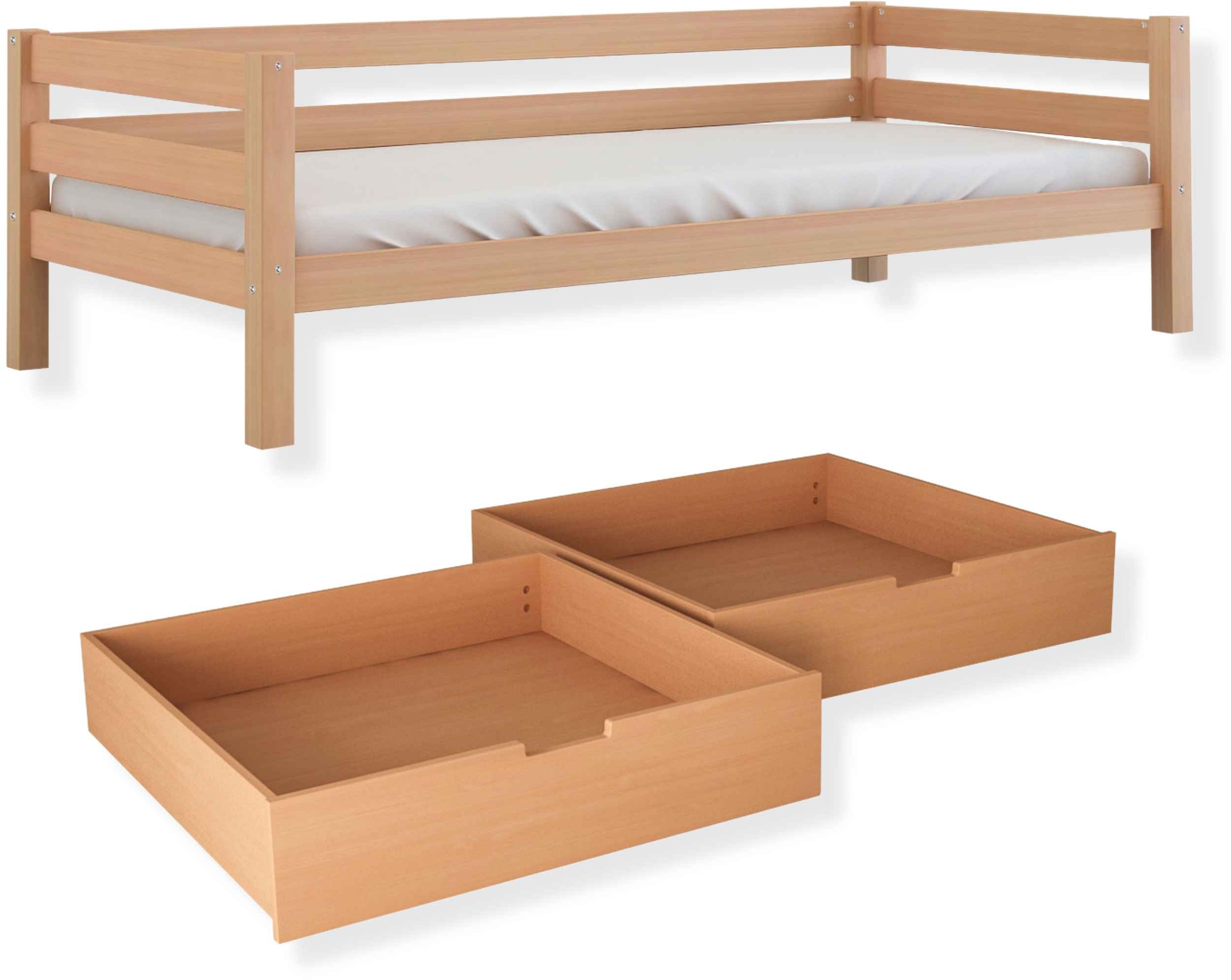 Kombiset Niki – Einzelbett mit Rollrost, mit Schubladenset oder Bettschublade, weiß oder natur