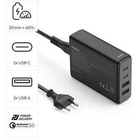 Hama USB-Ladestation 4 Ports, GaN, Schnellladegerät 2xUSB-C, 2xUSB-A, PD, 65 W