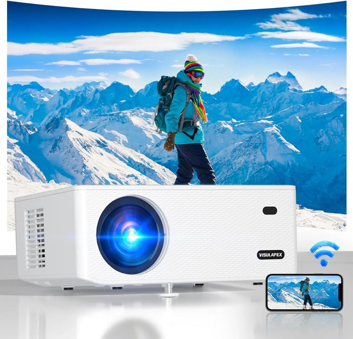 VISULAPEX 5G WiFi S1 Heimkino / Draußen / Portabler Projektor (15000 lm, 12000:1, 1920 x 1080 px, Kompatibel mit TV Stick/X-Box/DVD/Laptop/Smartphone) weiß