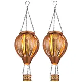 GLOBO 2er Set LED Solarleuchte Heißluftballon Feuereffekt Außenleuchte Hängelampe Terrassenleuchte, Dekorstanzugen, braun