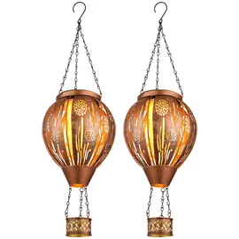 GLOBO 2er Set LED Solarleuchte Heißluftballon Feuereffekt Außenleuchte Hängelampe Terrassenleuchte, Dekorstanzugen, braun