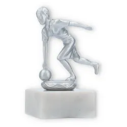 Pokal Metallfigur Kegeln Damen silbermetallic auf weißem Marmorsockel 12,6cm