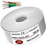 MAS Premium Feuchtraumkabel Stromkabel 5-170m Mantelleitung NYM-J 5x1,5, 2,5, 4, 6, 10 oder 16 Elektrokabel Ring für feste Verlegung (NYM-J 5x2,5 mm2, 70m)