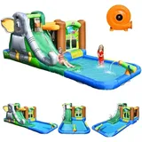 Goplus Aufblasbares Hüpfburg Mit Geblaese, Wasserpark Mit Rutsche, Planschbecken, Kletterwand, Baelle & Wasserkanone, Wasserspielcenter Mit Tragetasche Und Reparaturset