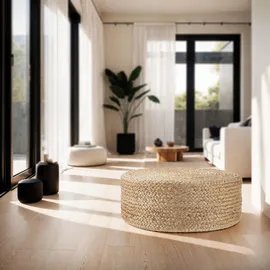 Tectake Handgefertigter Beige, rund, 58x22x58 cm, Wohnzimmer, Hocker, Poufs