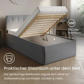 home collective Polsterbett 100x200 cm Doppelbett Bett mit verstellbarem Lattenrost & Bettkasten, gepolstertes Kopfteil, Germany | Grau