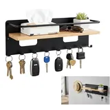 Zbozzba Schlüsselbrett Mit Ablage, Schlüsselhalter Wand, Holz Schlüsselbrett Dekoratives Schlüsselhalter Mit 8 Haken, für Eingang, Flur, Wohnzimmer, Schlafzimmer (Schwarz)