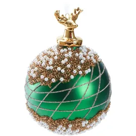 Brubaker Premium Weihnachtskugel Grün mit Hirsch Figur Gold - Hand dekorierte Baumkugel aus Glas - 10 cm Christbaumschmuck mit Perlen Dekorationen und Glitzer - Weihnachtsdeko Christbaumkugel