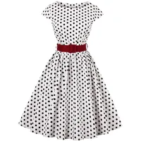 Axoe Damen 50er Jahre Audrey Hepburn Vintage Kleid Rockabilly Cocktail Partykleid Polka Dot- Gr. XL (42), Weiß - XL