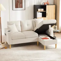 Merax Ecksofa 3-Sitzer Sofa mit Chaiselongue, verstecktem Stauraum und Getränkehalter, Eckcouch in L-Form aus Baumwoll-Leinen, Massivholzkorpus, für Wohnzimmer/Wohnung/Büro - Beige, 175 x 129 x 90 cm