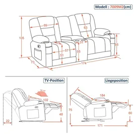 MCombo M MCombo Elektrisch 2 Sitzer Sofa mit Schlaffunktion, 2er Relaxsofa mit Taste 150° Verstellbar, Kinosessel mit Liegefunktion, Konsole USB & Getränkehalter, 7009 Grau