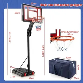 Costway Basketballständer 228-265 cm höhenverstellbar, Basketballkorb mit Ständer & 2 Rädern, Korbanlage für Kinder, Erwachsene, mobiles Baske...