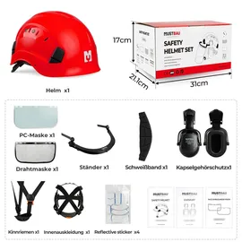 mustbau Sicherheitshelm Schutzhelm Set - EN397 mit Ohrschützer und Netzvisier - Verstellbarer Kopfbügel von 53 bis 63 cm - Ideal für Forstwirtscha