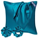 Seiwohl Kissenbezug Seide 80x80 2er Set, Satin Kissenbezug Blaugrün Silk Pillowcase Satin Kopfkissenbezug Kissenhülle für Haar und Haut, Haarschonender Kissenbezug mit 2 Seide Haargummi