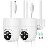 NUASI 4G LTE Überwachungskamera Aussen mit SIM Karte, 【2-Stück】 2K PTZ 360° IP Kamera Ohne WLAN Outdoor mit FarbNachtsicht, AI Personenerkennung und 2-Wege-Audio, IP66 Wasserdicht, 32GB