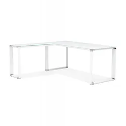 Eckbüro Schreibtisch Glas Metall Weiß | Großer Eck-Chefschreibtisch für Professionellen Arbeitsplatz | Modern Minimalistisch | Kadima Design