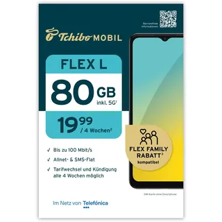 Tchibo MOBIL Flex L SIM-Karte | 80 GB Datenvolumen + Allnet- & SMS-Flat | Surfen mit LTE/5G | Nur 19,99 € alle 4 Wochen | Ohne Lange Vertragsbindung | EU-weites Roaming