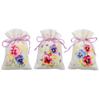 Vervaco Zählmusterpackung Stickset Säckchen Stiefmütterchen 3er DIY Gezählter Kreuzstich Stickpackungen Basteln Erwachsene Kreativ Set 8 x 12 cm Stickset für Anfänger Stoffbeutel zum Sticken