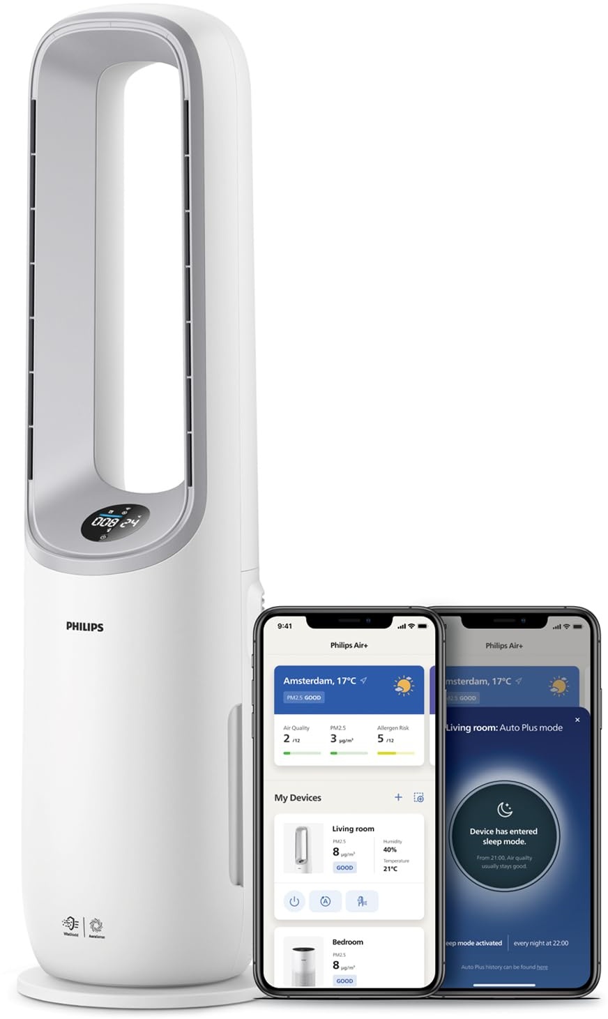 Philips Air Performer 2-in-1: Luftreiniger und Kühlgebläse - Reinigt 70 m2, Entfernt 99,97% der Allergene und Schadstoffe. HEPA-Filter, Intelligente Sensoren, Alexa, App. (AMF765/10)
