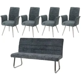 MCW Esszimmer-Set MCW-G55, 4er-Set Stuhl mit Armlehne+Sitzbank 180cm, Edelstahl gebürstet Stoff/Textil Chenille ~ blau-grün