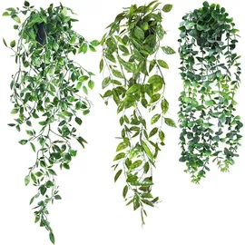luxuskollektion 3er Set Künstliche Hängepflanzen mit Topf 55-85cm, Indoor Outdoor Deko