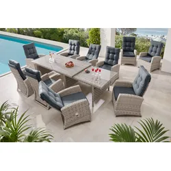 Garten-Essgruppe KONIFERA "Monaco", grau, Polyrattan, Sitzmöbel-Sets, Rückenlehne verstellbar, Tischplatte aus 5mm starkem Sicherheitsglas