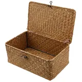 BESPORTBLE 3pcs Aufbewahrungskorb Rattankorb Stroh Geflochten Korb Seegras Korb mit Deckel Ablagekorb Dekobox Make Up Organizer für Badezimmer Küche Wohnzimmer Deko