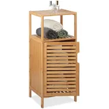 Relaxdays Badschrank Bambus, HBT: 87 x 33 cm, schmales Badregal mit Tür, 2 offene Ablagen, Badkommode, Natur