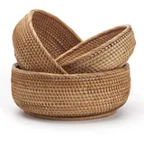 Natürliches Rattan Obstschalen Runden Gewebt Aufbewahrungskorb Stapelbar Schlüsselhalter für Küchenschränke Regal 3 Stück