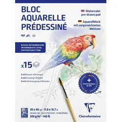 Clairefontaine 5x Aquarellblock 30x40 cm mit vorgezeichneten Motiven, 15 Blatt 300g, Motiv Tiere - 975725C