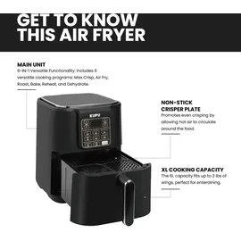 KUPU Heißluftfritteuse, 6L Airfryer, 360°Luftzirkulationstechnologie, 6-in-1 Kompakte Heissluftfritteuse, spülmaschinenfeste Körbe, 1500W - Schwarz