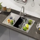 CECIPA Küchenspüle Edelstahlspüle mit 1 Becken mit Ablaufplatte Edelstahl Küchenspüle 70*44CM