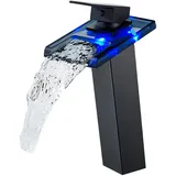 KEOKBON LED Schwarz Wasserfall Wasserhahn, RGB 3 Farbewechsel Waschtischarmatur Einhebelmischer mit Temperatursensor Waschbeckenarmatur Rostfreier Stahl 304 für Badezimmer, 2 Schlauches(G3/8" x 50cm )