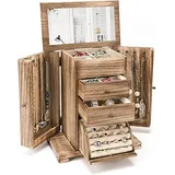 Emfogoo Schmuckkästchen Mädchen, Rustikales Holz Groß Schmuckschatullen Organizer mit Spiegel, 4 lagige Schmuckbox für Ringe, Ohrringe, Halsketten, Armbänder