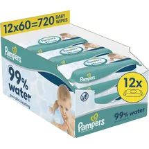 Pampers 99% Water Baby-Feuchttücher, 12 Packungen mit je 60 Feuchttüchern = 720 Baby-Feuchttücher, leichte Lotion mit 99% Wasser