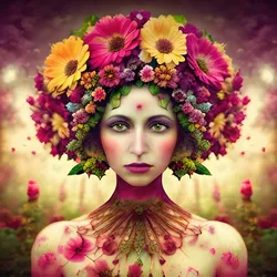 queence Acrylglasbild »Frau mit Blumenkranz«, Fantasy-Frau-Blumen-Blumenbilder, (1 St.), Kunst, knallige Farben, bunt queence Farbe Bild(er): Knallige bunte Farben