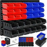 MASKO® Stapelboxen + Wandregal 32-teiliges Set Box Sichtlagerkästen Schüttenregal Steckregal, Hängeregal, Sortimentskasten, Kleinteilemagazin, Werkstatt-Regal, Schwarz/Blau/Rot