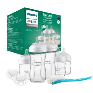 Philips Avent Natural Response Glas-Geschenkset für Neugeborene – 3 x 120 ml und 2 x 240 ml Babyflaschen, 2 x ultra soft Schnuller 0–6 Monate, Flaschenbürste, BPA-frei (Modell SCD879/11)