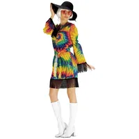 Metamorph Hippie-Kostüm 70er Batik Hippiekleid - Karneval Faschingskostüm, Schickes 70er Jahre Kostüm mit Batikmuster bunt 40-42