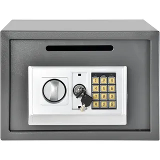 Kleiner Tresor 16 L, digitale Mehrplatztastatur, Passcode und Tastensperre, Riegel, Sicherheitstresor mit Frontlader-Einwurffach für Geld, Bargeld und Postschloss, grau