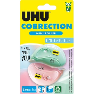 UHU Korrekturroller Pastell Mini – Korrekturband schnell, sauber und präzise, weiß, 2 Stück je 6 m x 5 mm