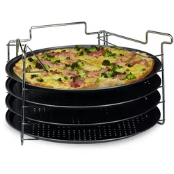Relaxdays Pizzablech Set, HBT:20x32x32cm, 4 Backbleche mit Ständer, Antihaft, Pizza/Flammkuchen, anthrazit